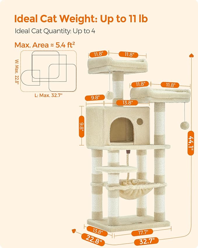 Feandrea Cat Tree, 44.1-Inch Cat Tower for Indoor Cats, Multi-Level Cat Condo with 11 Scratching Posts, 2 Perches, Cave, Hammock, Beige UPCT215M01