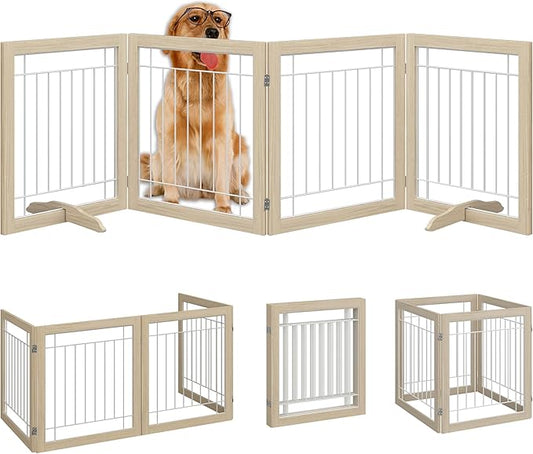 Folding No-Assembly Pet Gate 96" Wide, 30" Tall Wooden Dog Gate, Freestanding Wire Pet Gate, Pet Puppy Safety Fence, with 2PCS Support - Natural White