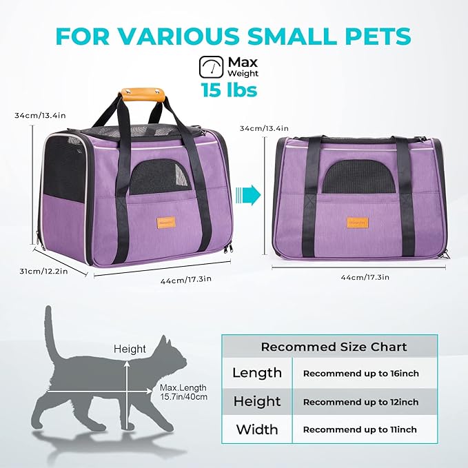 Morpilot Portable Cat Carrier - Soft Sided Cat Carrier for Medium Cats and Puppy up to 15lbs, Pet Carrier with Locking Safety Zippers, Foldable Bowl, Airline Approved Travel Dog Carrier - Purple