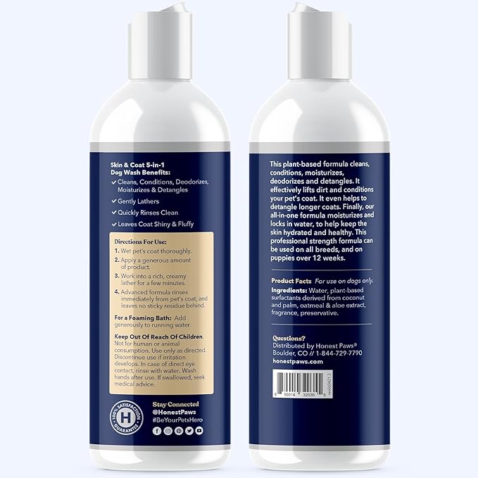 Honest Paws Dog Shampoo and Conditioner - Premium Dog Wash for Allergies and Dry, Itchy, Moisturizing for Sensitive Skin - Sulfate Free, Plant Based, All Natural - 2 Pack