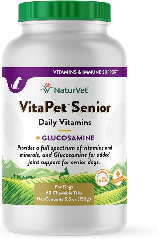 NaturVet –VitaPet Senior Daily Vitamins for Senior Dogs – Plus Glucosamine – Full Spectrum of Vitamins & Minerals – Enhanced with Glucosamine for Added Joint Support – 60 Time Release Tablets