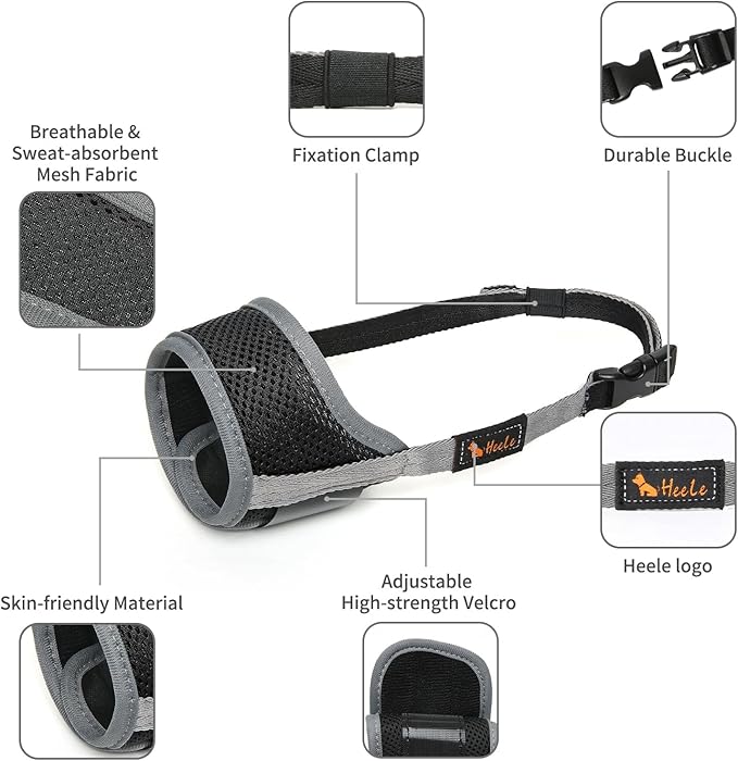 HEELE Dog Muzzle,Soft Nylon Muzzle Anti Biting Barking Chewing,Air Mesh Breathable Drinkable Adjustable Loop Pets Muzzle for Small Medium Large Dogs 4 Colors 4 Sizes (XXL, Gray)