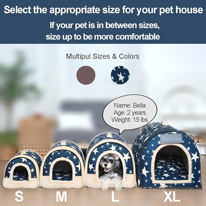 ANPPEX Small Dog House Indoor,2 in 1 Washable Covered Dog Cat Bed,Insulated Cozy Pet Dog Igloo Cave,M Size for Cats and Puppies,Blue