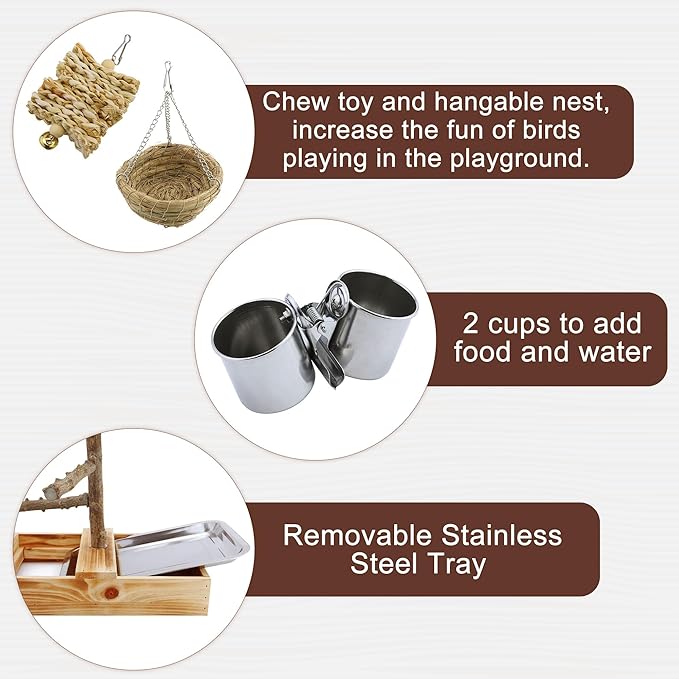 Mogoko Natural Bird Playground Bird Perches, Bird Cage Accessories, Bird Toys Playground, Bird Perch Stand Parrot stand, includes 2 Stainless Steel Cups and Removable Tray