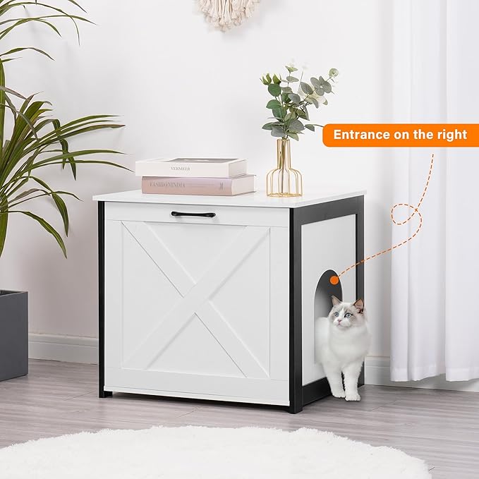 DWANTON Cat Litter Box Furniture Hidden, Cat Litter Box Enclosure, Reversible Entrance Can Be on Left or Right Side, Indoor Cat Box Cabinet, Wooden Cat Washroom, End Table, Nightstand, White