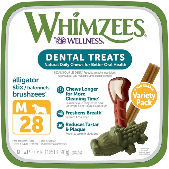 WHIMZEES by Wellness Variety Box: All Natural Dental Chews for Dogs (Medium), 28 Count - Dog Treats, Freshens Breath, Gluten & Grain-Free (Packaging May Vary)