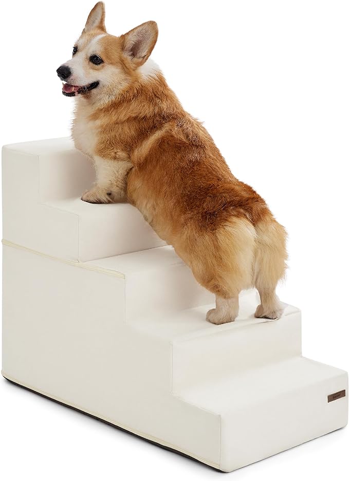 Lesure Dog Stairs for Small Dogs - Pet Stairs for Beds and Couch, Folding Pet Steps with CertiPUR-US Certified Foam for Cat and Doggy, Non-Slip Bottom Dog Steps, Beige Linen-Like Fabric, 5 Steps