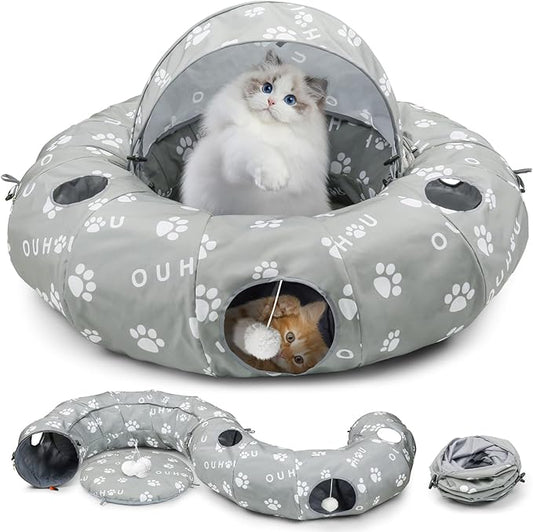 OUHOU Cat Tunnel Bed, Cat Tunnels for Indoor Cats, Peekaboo Cat Cave, Cat Donut Tunnel with Awning, Mat, 4 Balls and 6 Peek Holes, Cat Tubes for Kitten，Bunny, Puppy or Small Animals