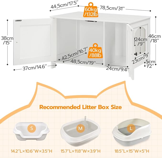 HOOBRO Litter Box Enclosure, Cat Litter Box Furniture with Removable Divider, Large Hidden Litter Box Furniture, Wooden Cat House, End Side Table, 31" L x 17.5" W x 18" H, White WT03MW01G1