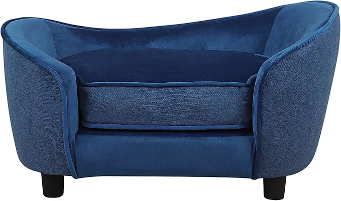 Pet Sofa Bed, Velvet & Linen Fabric Pet Couch Chair with Removeable & Washable Cushion for Small Dogs Cats (Blue)