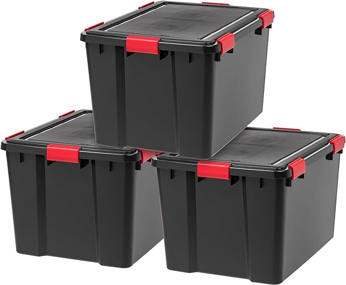 IRIS USA 74 Qt Storage Box with Gasket Seal Lid, 3 Pack - BPA-Free, Made in USA - Heavy Duty Moving Containers with Tight Latch, Weather Proof Tote Bin, WEATHERPRO - Black/Red