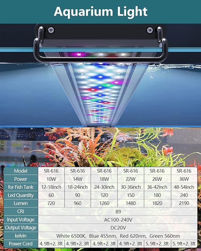 Led Aquarium Light for Plants-Full Spectrum Fish Tank Light with Timer Auto On/Off, 48-54 Inch, Adjustable Brightness, White Blue Red Green Pink LEDs with Extendable Brackets for Freshwater