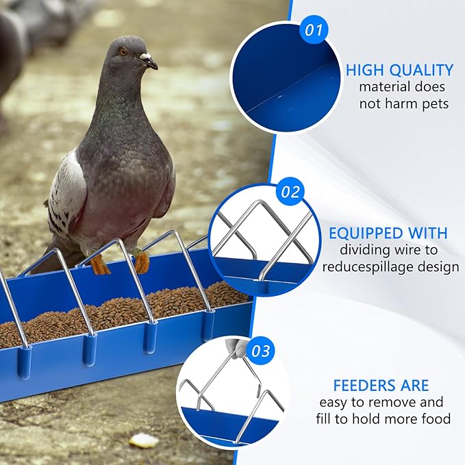 Tioncy 4 Pcs Pigeon Feeder Bird Dispenser Slot Container Poultry Food Dish Dispenser Tool Less Waste Plastic Thick Slot for Feeding Chicken Duck Quails Birds with Removable Steel Wire Partition