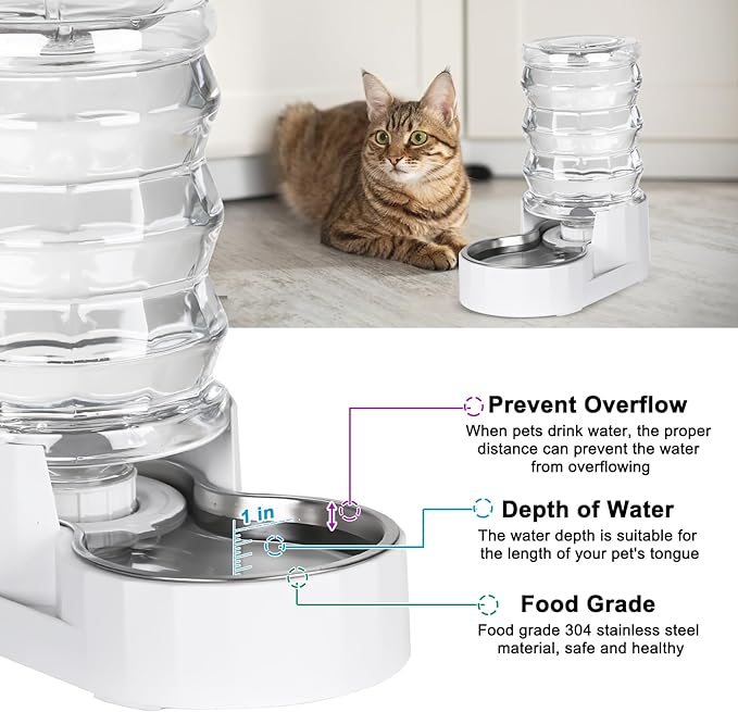 RIZZARI Automatic 3L Pet Waterer, Gravity Stainless Steel Water Dispenser, 100% BPA-Free, Large Capacity Water Feeder for Cats and Small and Medium-Sized Dogs