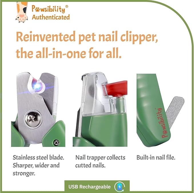 Reinvented Pet Nail Clippers for Your Pal - [USB Rechargeable] - LED Light for Bloodline | Razor Sharp and Durable Blade | Vets Recommended Trimming Tool for Dogs and Cats - Green