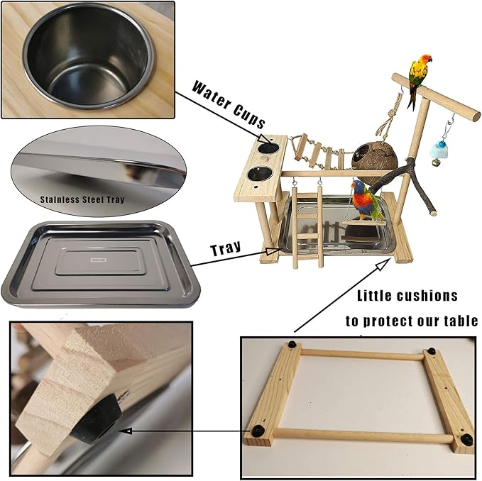 Parrots Playground Bird Play Stand Natural Wood Perch Gym Parakeet Nest Climb Swing Ladders with Feeder Cups Ladders Lovebirds Cage Accessories Toy Exercise Activity for Conure Cockatiel Lovebirds