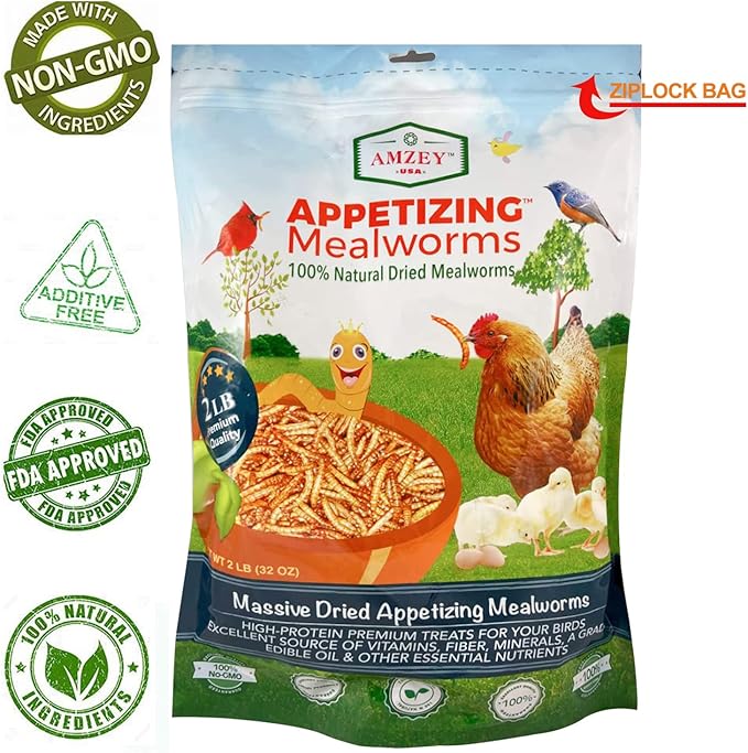 Amzey Dried Mealworms -2 LBS- 100% Natural Non GMO Mealworms -Food for Chicken- High Protein Mealworms for Bird, Duck Food, Bearded Dragon Diet, Gecko Food, Turtle Food, Lizard Food - Bulk Mealworms