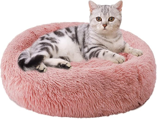 Aurako Cat Bed Dog Bed Round Cushion Pet Bed Mat Ultra Soft Plush Donut Sofa Comfortable Pillow Machine Washable Pet Cuddle Beds for Kitten Small Medium Large Dogs Cats 16" Rose Red