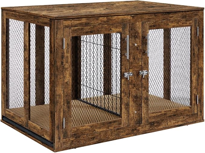 unipaws XL Furniture Dog Crate for Large Dogs with Tray and Divider, Extra Large Indoor Aesthetic Kennel Pet House Dog Cage for 2 Dogs, Wood Pretty Cute Fancy End Side Table Nightstand, Rustic