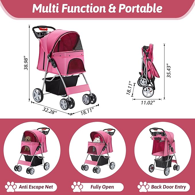 Pet Stroller 4 Wheels Dog Cat Stroller for Medium Small Dogs Cats, Folding Cat Jogger Stroller with Storage Basket & Breathable Mesh, Easy to Walk Travel Carrier, Pink