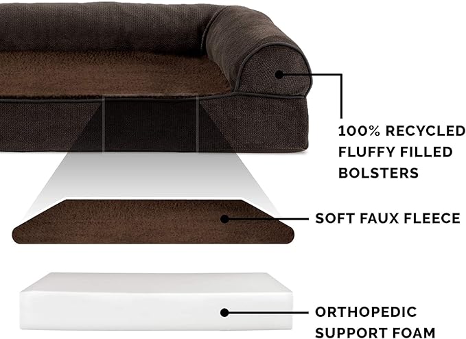 Furhaven Orthopedic Dog Bed for Large Dogs w/ Removable Bolsters & Washable Cover, For Dogs Up to 125 lbs - Sherpa & Chenille Sofa - Coffee, Jumbo Plus/XXL