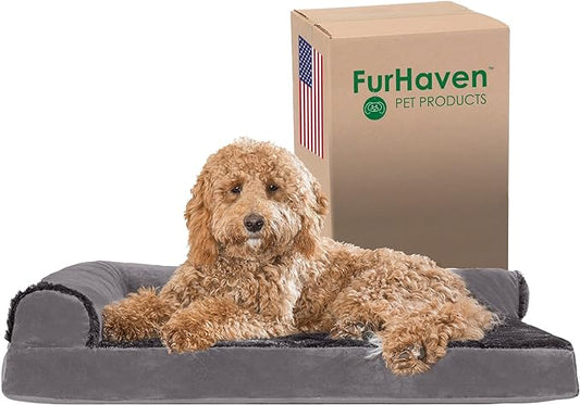 Furhaven Orthopedic Dog Bed for Large/Medium Dogs w/ Removable Bolsters & Washable Cover, For Dogs Up to 55 lbs - Plush & Velvet L Shaped Chaise - Platinum Gray, Large
