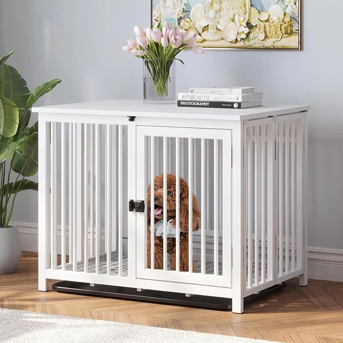 Heavy Duty Dog Crate Furniture, Fully Assembled exc. Locks, All Metal Frame & Wooden Tabletop, Modern Kennel for Small Dog, End Table, Sturdy, Foldable, White