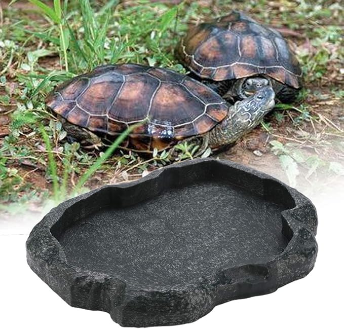 HEEPDD Reptile Bowl, Resin Rock Reptile Food and Water Feeder Pet Aquarium Ornament Terrarium Dish Plate for Tortoise Lizard Iguana(Dark green M)