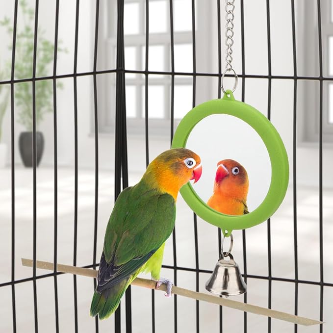 Hypeety Pet Bird Mirror with Bell Interactive Parrot Toy Bird Cage Mirror for Cockatiel Parakeets Canaries Budgie (Green)