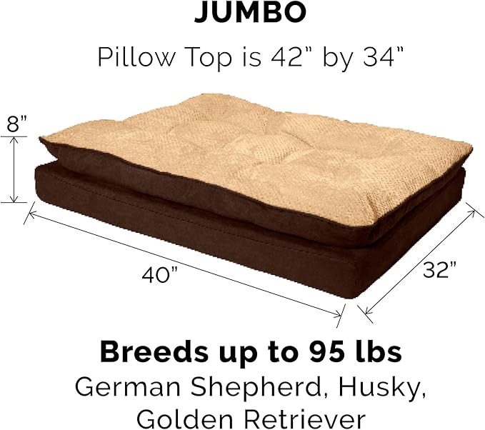 Furhaven Replacement Dog Bed Cover Minky Plush & Suede Pillow Top Mattress, Machine Washable - French Roast, Jumbo (X-Large)