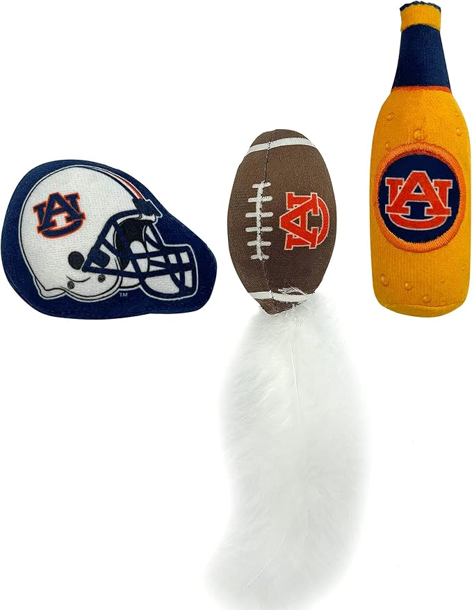 BEST PLUSH CAT TOY - NCAA AUBURN TIGERS Complete Set of 3 piece Cat Toys filled with Fresh Catnip. Includes: 1 Helmet Cat Toy, 1 Football Cat Toy with Feathers & 1 Beer Bottle. Beautiful Team LOGOS