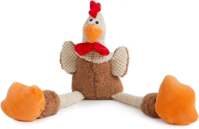 goDog Checkers Skinny Rooster Squeaky Plush Dog Toy, Chew Guard Technology - Brown, Large