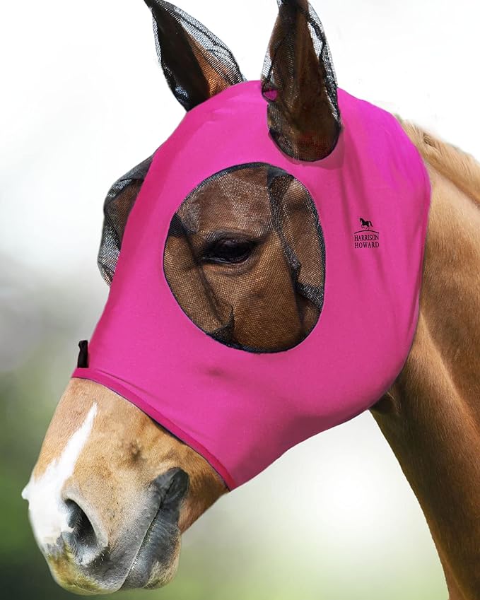 Harrison Howard Super Comfort Stretchy Fly Mask Large Eye Space with UV Protection Soft on Skin with Breathability Rose Pink Full (Large)