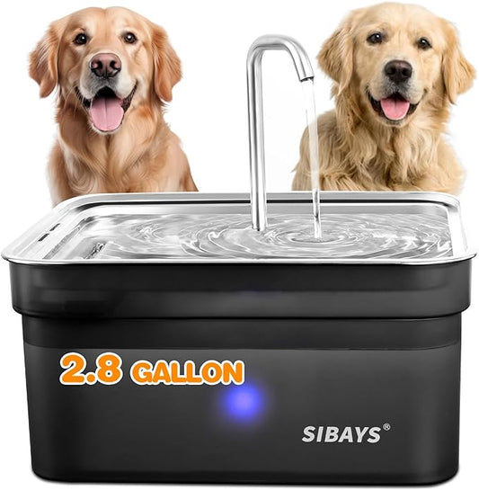 SIBAYS Dog Water Fountain for Large Dogs, 355oz/2.8Gal/10.5L Automatic Dog and Cat Water Fountain Large Pet Fountain with Stainless Steel Bowl, Dog Water Dispenser with Filter, Easy to Clean, BPA-Free