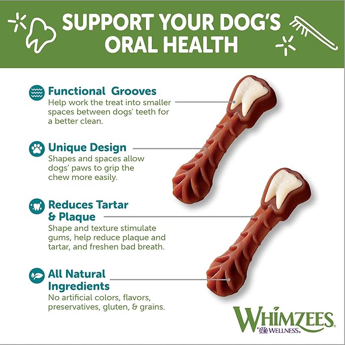 WHIMZEES by Wellness Brushzees Natural Dental Chews for Dogs, Long Lasting Treats, Grain-Free, Freshens Breath, Large Breed, 6 count