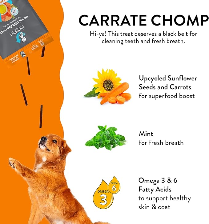 Shameless Pets Dental Treats for Dogs, Carrate Chomp - Healthy Dental Sticks with Skin & Coat Support for Teeth Cleaning & Fresh Breath - Dog Bones Dental Chews Free from Grain, Corn & Soy