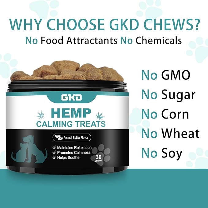 GKD Dog Calming Chews - Anxiety Relief Treats, Hemp Dog Calming Treats Relief Bites Gummies, Anxiety Relief Sleeping Comfort Firework Grooming Seperation Relaxation, Pets Health Supplies