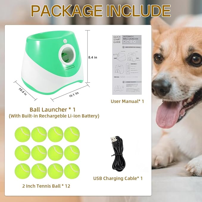 Automaitc Dog Ball Launcher - Dog Fetch Machine for Small Sized Dogs,3 Launch Distances, Ball Launcher for Dogs with 12 Balls, Rechargeable Ball Thrower for Dogs (Green dog launcher)