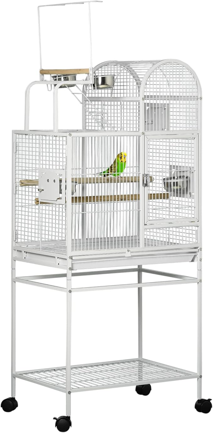 NicBex 55" Large Bird Cage with Play Top and Stand,Pet Flight Birdcage for Parrot Lovebirds Finches Parakeets Budgie Parrotlet Conures,Bird Cage with Tray, Food Cups, Rolling Stand,White