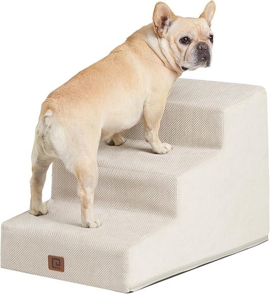 EHEYCIGA Dog Stairs for Small Dogs 15.7" H, 3-Steps Dog Steps for Small Dogs and Cats, Slope Pet Steps with Non-Slip Bottom, Beige