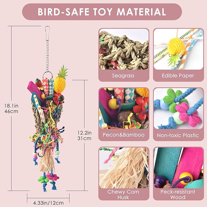 KATUMO Bird Toys, Seagrass Basket Bird Toy with Array of Chewable Parrot Foraging Toys for Small Medium Parrot Birds