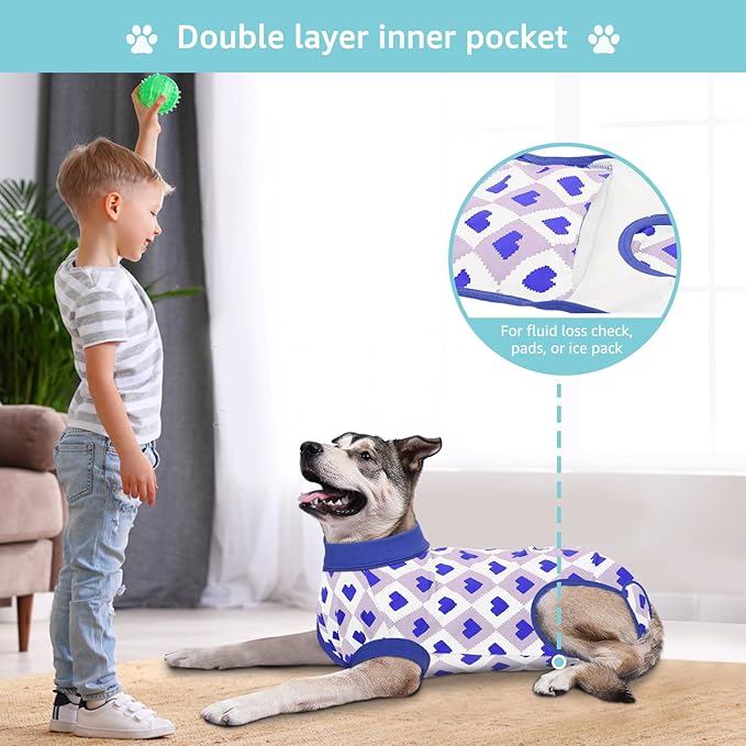 Recovery Suit for Dogs, Dog Recovery Suit Male Female Post Spay, Neuter, Abdominal Surgery Recovery Suit with an Inner Layer Pocket, Prevent Licking Soft Breathable Cotton, Blue, XL