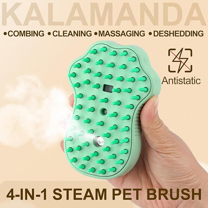 Cat Steam Brush for Shedding, 4 in 1 Steamy Cat Brush with Cleanser, Dog Massage Grooming Brush with Release Button, Pet Hair Cleaning Misting Comb for Kitten(Green Paw)