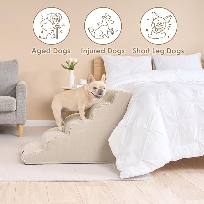EHEYCIGA Curved Dog Stairs for High Beds 22.6" H, 5-Step Dog Steps for Small Dogs and Cats, Pet Stairs for High Bed Climbing, Non-Slip Balanced Pet Step Indoor, Beige