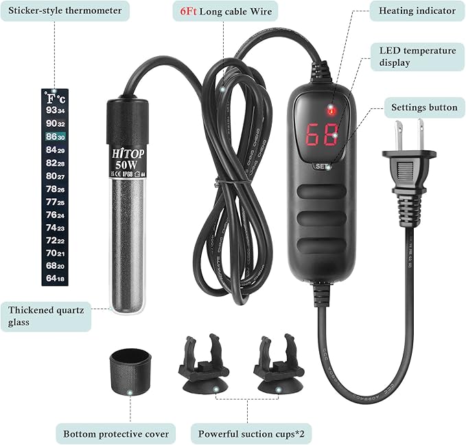 HITOP Mini Submersible Aquarium Heater - 50W Digital Heater for Fish Tank Turtle Tank 5-15 Gallon, Saltwater and Fresh Water with Temperature Controller (50W)