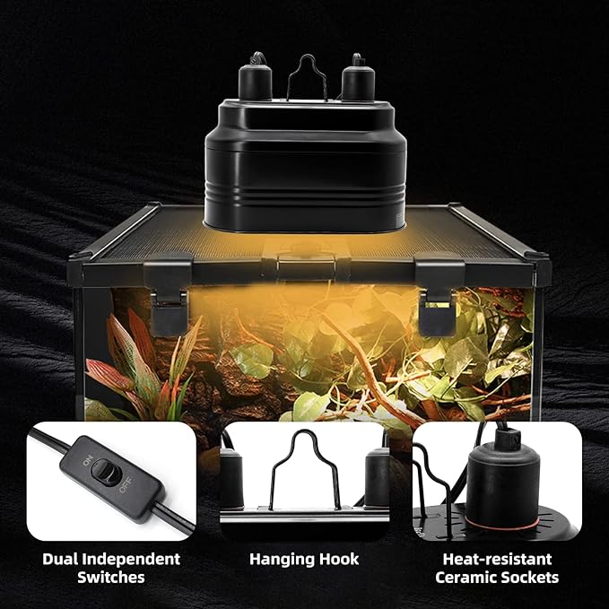 Reptile Dual Light Fixture, Reptile Heat Lamp Fixture with Separate Switches Fit for UVB Bulb Basking Heat Bulb for Reptile Glass Terrariums