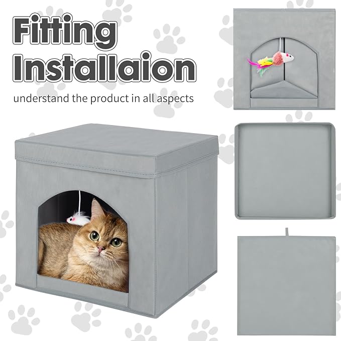 ShellKingdom Collapsible Cat House, Foldable Kitty Cat Cube and Cat Cave with Bed, Colorful Cat Stool Condo for Indoor Cats Gifts, 13 x 13 x 13 inches