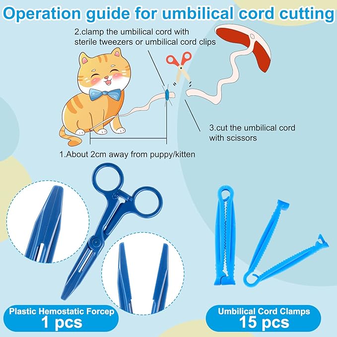 48 Pcs Puppy Kitten Whelping Kit Include 4 Puppy Feeding Tube, 6 Record Keeping Charts, 15 Puppy Whelping Collars, 15 Cord Clamps, 2 Gloves, Bulb Aspirator, Syringe, Bottle, Scissors, Stethoscope, Bag