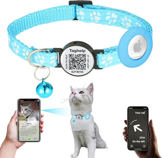 Reflective AirTag Cat Collar with Air Tag Holder and Bell, Safety Elastic Band Cat GPS Collars for Girl Boy Cats, Kittens and Puppies, Quick Release, Fits Most Cats (Blue Cute paw Print)