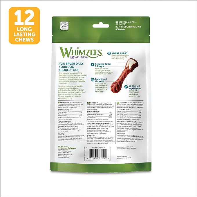 WHIMZEES by Wellness Brushing Dental Chews For Dogs, Grain-Free, Long Lasting Treats, Freshens Breath Medium Breed, 12 Count